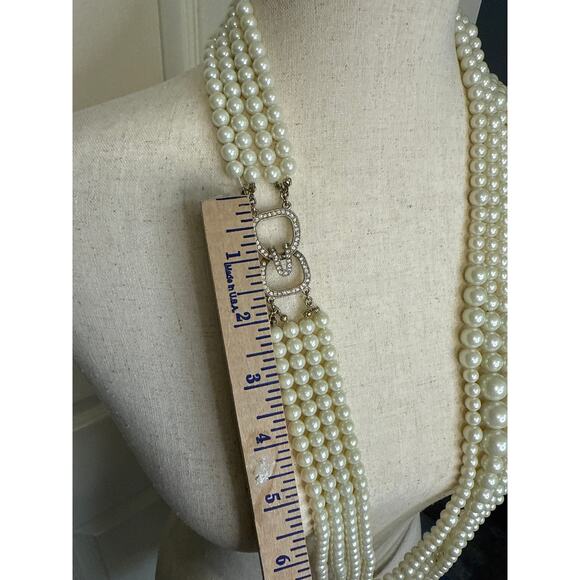 Chicos Multi Strand Pearl Tone Necklace w/ Crystal Bars Statement 38” - Picture 12 of 14